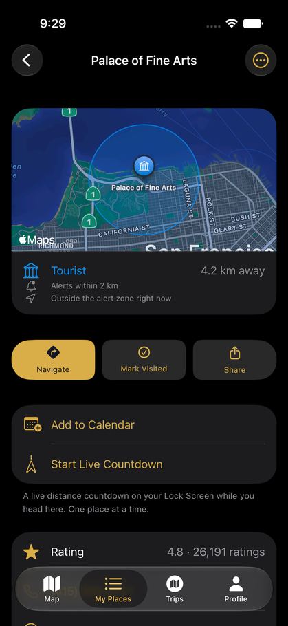 Place detail showing the alert radius on a map