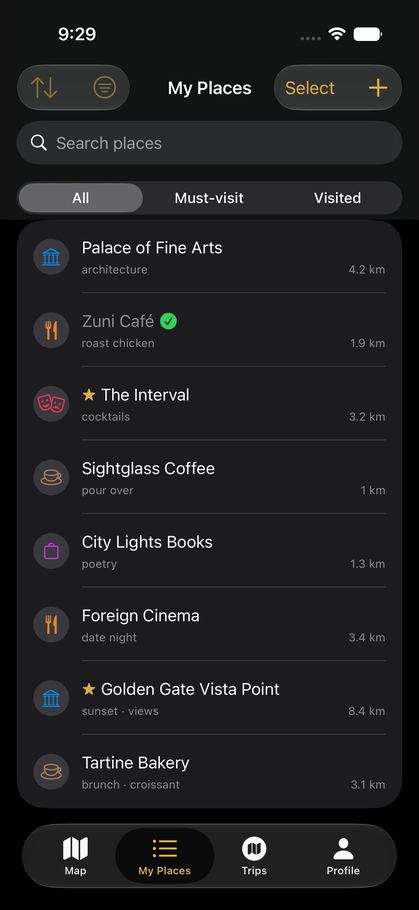 A list of saved places with distances and tags