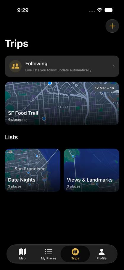 Trips tab showing an active trip and saved lists