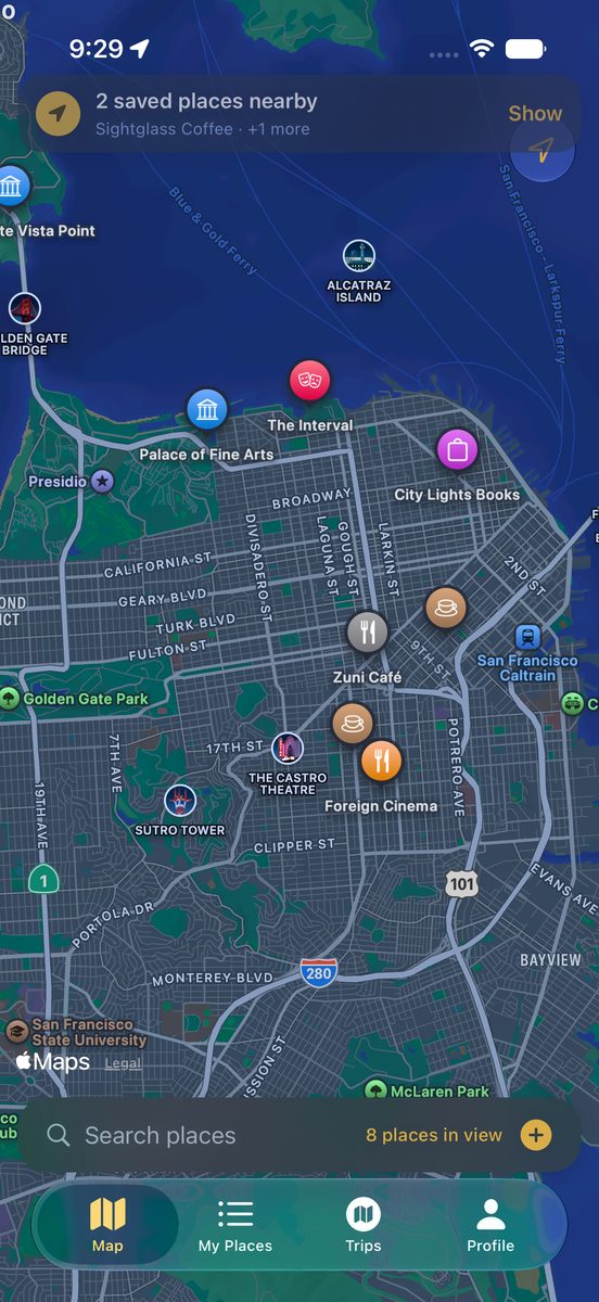 Nearmark on iPhone: a banner reading 2 saved places nearby, Sightglass Coffee and one more, over a map of saved places.